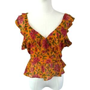 Veronica Beard Randa Floral Silk Peplum Blouse Hot Orange Size 00 NWT